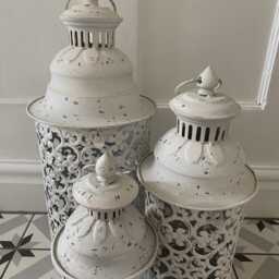 Set 3 Large Cream Metal Garden Lanterns French Moroccan Rustic - thumbnail 3
