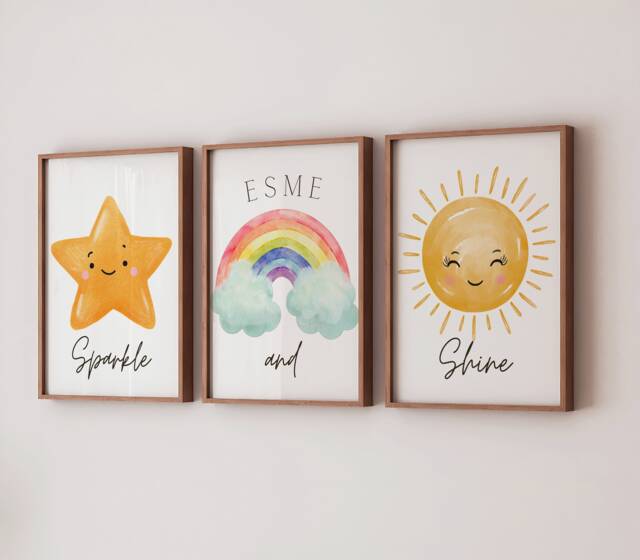 Personalised Star & Rainbow Prints Set Of 3, Watercolor Sun, Sparkle Shine, Baby Girl Wall Art, Nursery Decor Bedroom - image 1