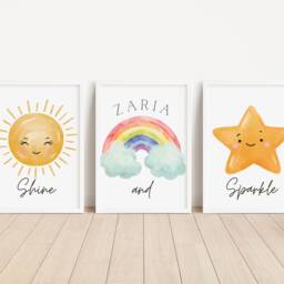 Personalised Star & Rainbow Prints Set Of 3, Watercolor Sun, Sparkle Shine, Baby Girl Wall Art, Nursery Decor Bedroom - thumbnail 2