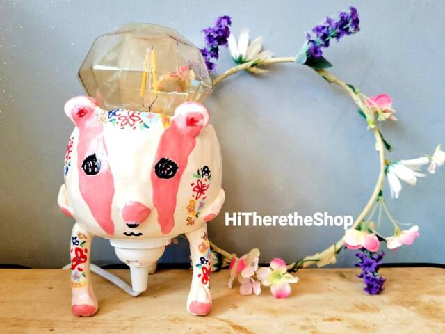 Pink Flower Badger Lamp - Floral Table Lamp. Handmade Ceramic Pottery Gifts Ideas. Unique & Statement Display. Planter Pot Also - image 1