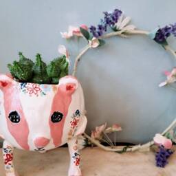 Pink Flower Badger Lamp - Floral Table Lamp. Handmade Ceramic Pottery Gifts Ideas. Unique & Statement Display. Planter Pot Also - thumbnail 4