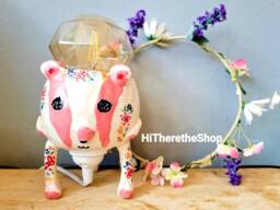 Pink Flower Badger Lamp - Floral Table Lamp. Handmade Ceramic Pottery Gifts Ideas. Unique & Statement Display. Planter Pot Also