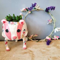 Pink Flower Badger Lamp - Floral Table Lamp. Handmade Ceramic Pottery Gifts Ideas. Unique & Statement Display. Planter Pot Also - thumbnail 3