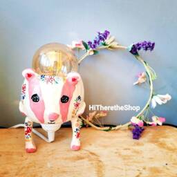 Pink Flower Badger Lamp - Floral Table Lamp. Handmade Ceramic Pottery Gifts Ideas. Unique & Statement Display. Planter Pot Also - thumbnail 2