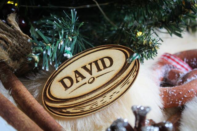 Personalised Rugby Ball Christmas Ornament Union League Sport Rugger Custom Bauble Engraved Rustic Wooden Tree Decoration - image 1