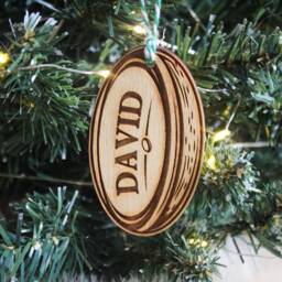 Personalised Rugby Ball Christmas Ornament Union League Sport Rugger Custom Bauble Engraved Rustic Wooden Tree Decoration - thumbnail 3
