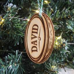 Personalised Rugby Ball Christmas Ornament Union League Sport Rugger Custom Bauble Engraved Rustic Wooden Tree Decoration - thumbnail 2