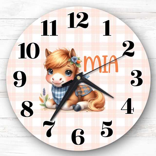 Peach Cute Horse Personalised Gift For Kid's Bedroom Clock - Kids Clock, Children's Decor, Custom Wall - image 1