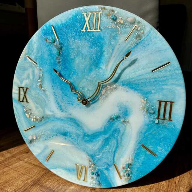 Sky Blue Resin Wall Clock Modern Epoxy Art With Natural Stones - image 1
