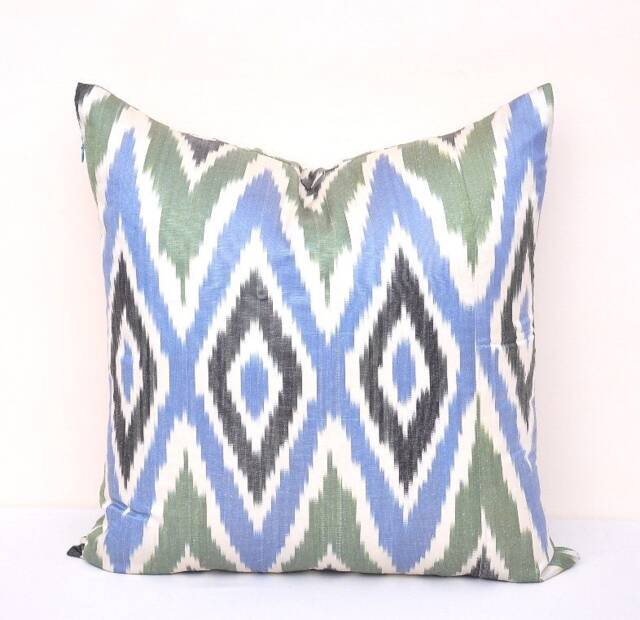 Handloom Ikat Pillow Cover, Blue Green Silk Cotton, 20x20 - image 1