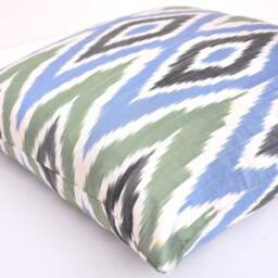 Handloom Ikat Pillow Cover, Blue Green Silk Cotton, 20x20 - thumbnail 2