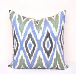Handloom Ikat Pillow Cover, Blue Green Silk Cotton, 20x20 - thumbnail 1