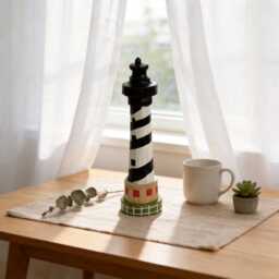 Rustic Hand-Carved Wooden Lighthouse Black & White Nautical Coastal Decor Unique Beach Lover Gift Ocean Theme Nursery Accent - thumbnail 3