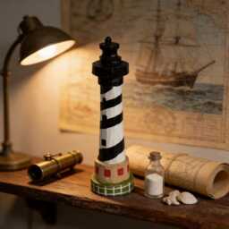 Rustic Hand-Carved Wooden Lighthouse Black & White Nautical Coastal Decor Unique Beach Lover Gift Ocean Theme Nursery Accent