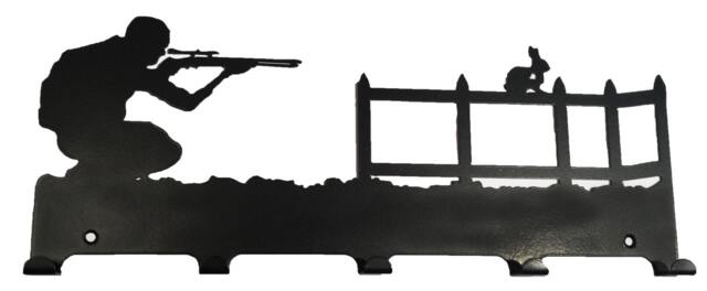 Crouching Gunman Shooting At Rabbit Target Silhouette Key Hook Rack - Metal Wall Art
