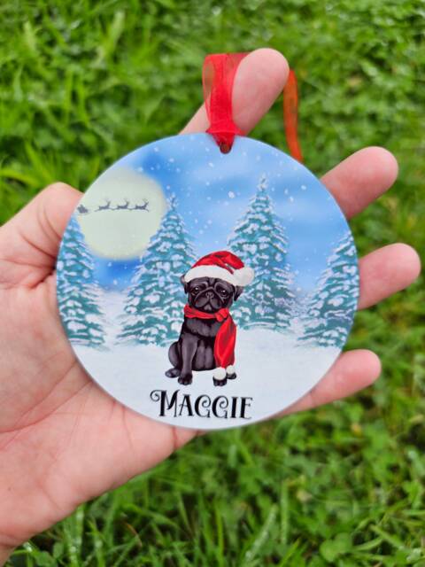 Personalised Christmas Black Pug Tree Decoration, Metal Hanging Ornament - image 1