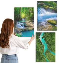 Canvas Set Of 3 - Green Forests & Crystalline River Waters, Wall Art, Landscapes Decor