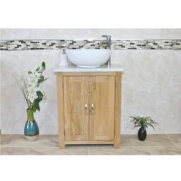 Solid Oak Bathroom Vanity With White Quartz Top - Slimline Cabinet