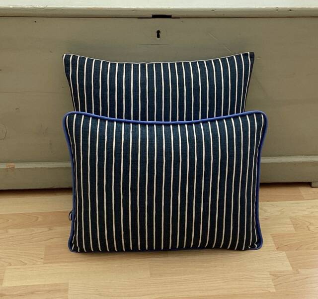 Handmade Linen Throw Pillow Cover Midnight Blue Ticking Stripe, Piped Cushion - image 1