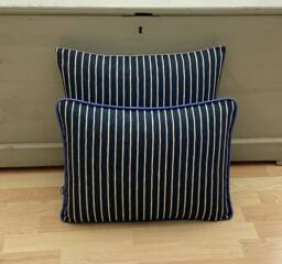 Handmade Linen Throw Pillow Cover Midnight Blue Ticking Stripe, Piped Cushion - thumbnail 1