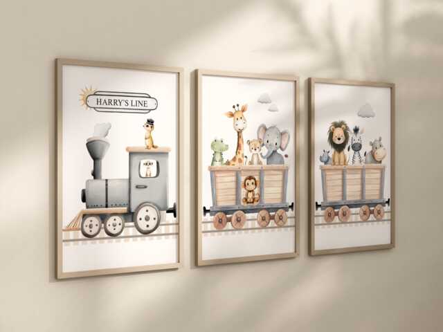 Safari Animal Train Personalised Nursery Wall Art Print Set Of 3 - image 1