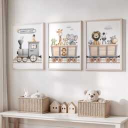 Safari Animal Train Personalised Nursery Wall Art Print Set Of 3 - thumbnail 3