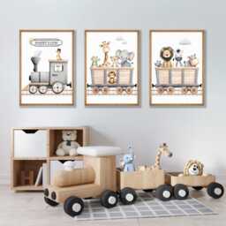 Safari Animal Train Personalised Nursery Wall Art Print Set Of 3 - thumbnail 2