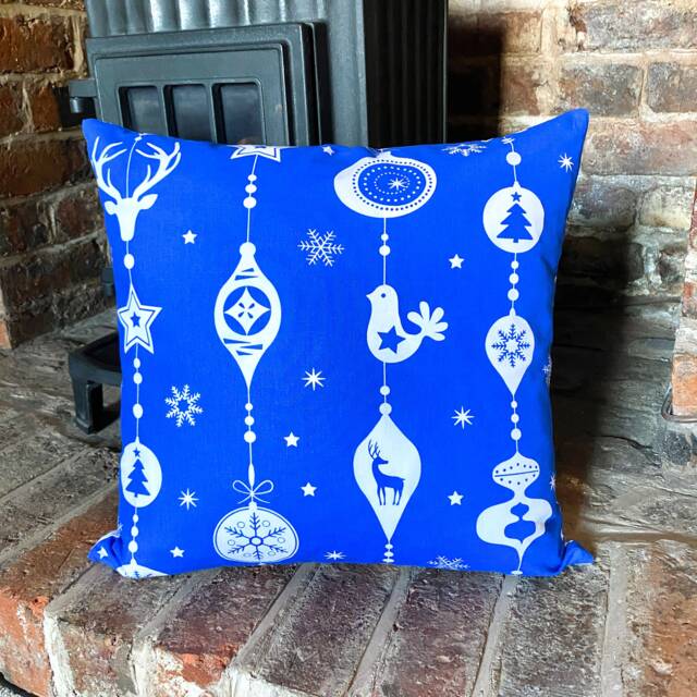 661. Christmas Baubles White On Blue 100% Cotton Cushion Cover. Various Sizes