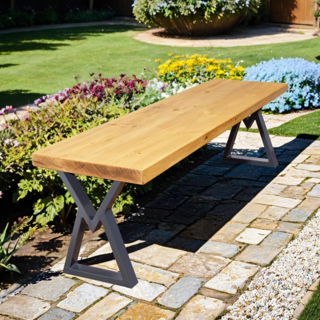 Rustic Garden Bench With Hourglass Legs - Industrial Reclaimed Timber Style - image 1