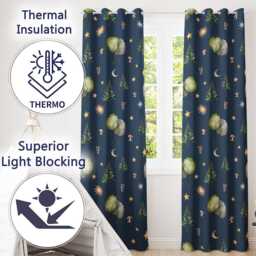 Watercolor Forest Trees Mushrooms Sun Moon Stars On Dark Blue Seamless Pattern Readymade Eyelet Ring Top Thermal 100% Blackout Curtains - thumbnail 3
