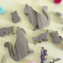 Wooden Cat Family Play Set, Handmade Animal Figures, Natural Walnut Wood Toy For Toddlers, Nursery Decor, Waldorf Inspired Open-Ended - thumbnail 3
