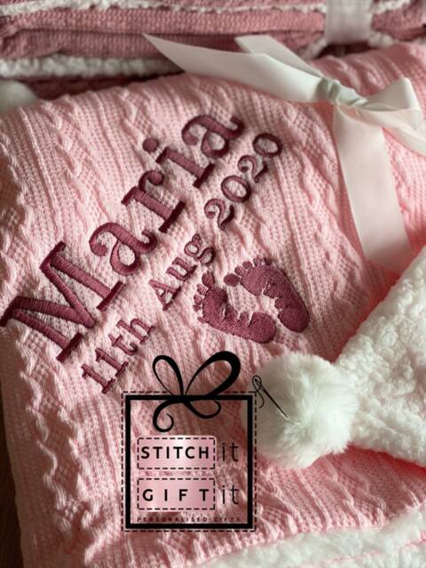 Personalised Baby Cable Knit Blanket -Name Embroidered Footprints Pom Pom/Sherpa - image 1