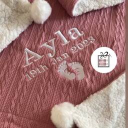 Personalised Baby Cable Knit Blanket -Name Embroidered Footprints Pom Pom/Sherpa - thumbnail 3