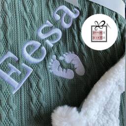 Personalised Baby Cable Knit Blanket -Name Embroidered Footprints Pom Pom/Sherpa - thumbnail 2