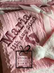 Personalised Baby Cable Knit Blanket -Name Embroidered Footprints Pom Pom/Sherpa - thumbnail 1