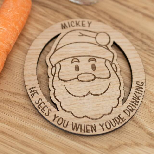 Oak, Cherry Or Walnut - Personalised Santa Drinks Coaster/Mat Wood Engraved Christmas Xmas Decoration For Wine Gin Vodka Lovers - image 1