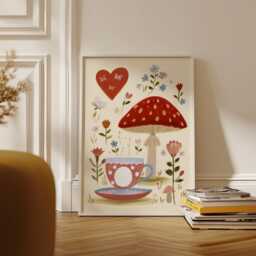 Mushroom Tea Party Poster, Whimsical Floral Wall Art, Cottage Print - thumbnail 3