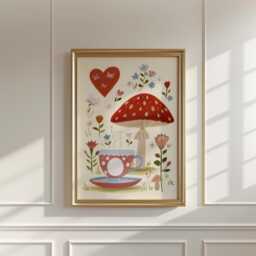 Mushroom Tea Party Poster, Whimsical Floral Wall Art, Cottage Print - thumbnail 2