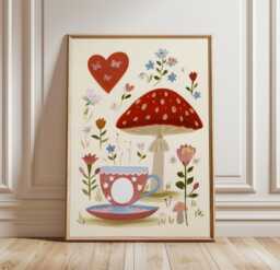 Mushroom Tea Party Poster, Whimsical Floral Wall Art, Cottage Print - thumbnail 1