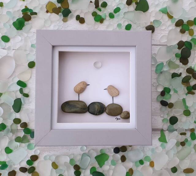 Pebble Art Love Birds, Unique Birthday Framed Gift, Valentines Day Gift For Her, Beach Scene Wall Art. Made To Order - image 1