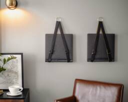 Leather Hanging Magazine Holder, Black Wall Decor, Gold Accent