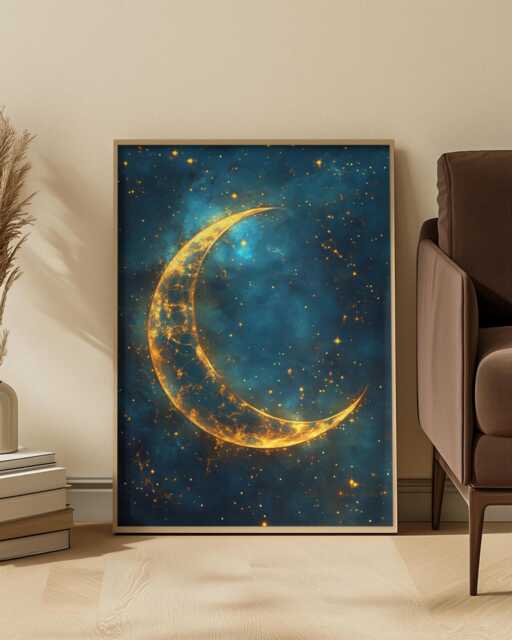 Celestial Crescent Moon Art Print Golden Night Sky Dreamlight - image 1