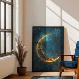 Celestial Crescent Moon Art Print Golden Night Sky Dreamlight - thumbnail 3