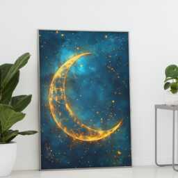 Celestial Crescent Moon Art Print Golden Night Sky Dreamlight - thumbnail 2