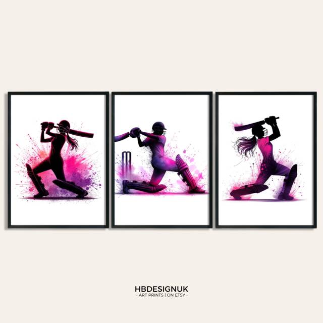 Girls Cricket Art Print - Set Of 3 Poster Prints - Pink Watercolour Wall Gift For Lover Women Sport Artwork - image 1