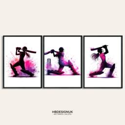Girls Cricket Art Print - Set Of 3 Poster Prints - Pink Watercolour Wall Gift For Lover Women Sport Artwork - thumbnail 1