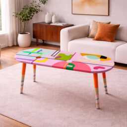 Oval Pink Resin Art Furniture, Colorful Epoxy Side Coffee Table - thumbnail 2
