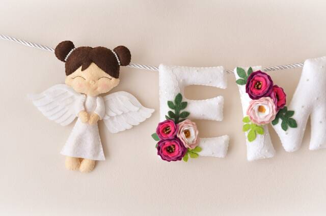 Felt Baby Name Sign, Angel Nursery Decor, Floral Banner - image 1
