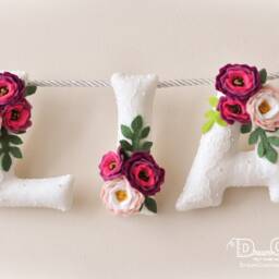 Felt Baby Name Sign, Angel Nursery Decor, Floral Banner - thumbnail 3