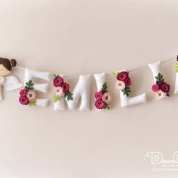 Felt Baby Name Sign, Angel Nursery Decor, Floral Banner - thumbnail 2